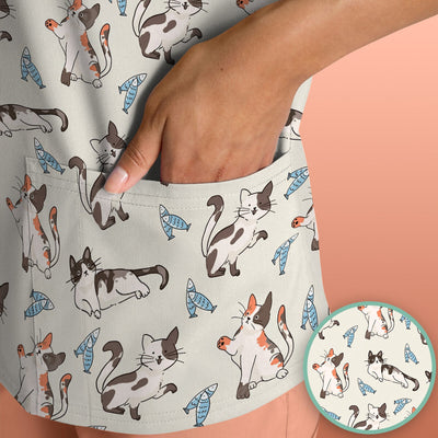 Cute Playful Cats With Fish Pattern Nurse Scrub Top, Comfortable Scrubs for Nurses