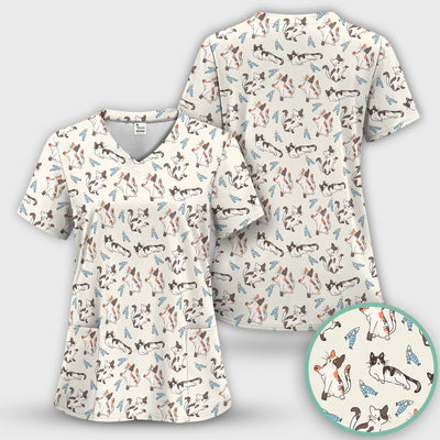 Cute Playful Cats With Fish Pattern Nurse Scrub Top, Comfortable Scrubs for Nurses