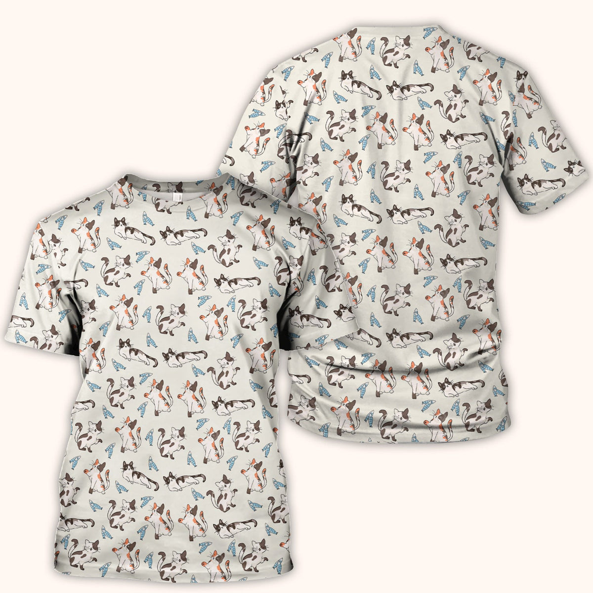 Cute Playful Cats With Fish Pattern Nurse Scrub Top, Comfortable Scrubs for Nurses