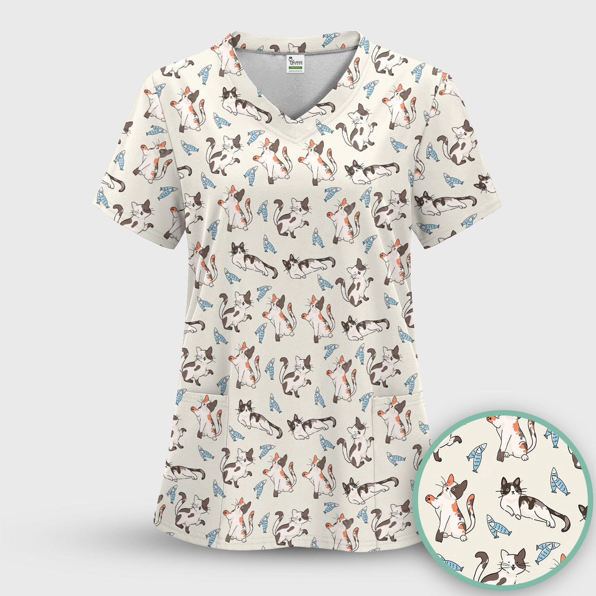Cute Playful Cats With Fish Pattern Nurse Scrub Top, Comfortable Scrubs for Nurses