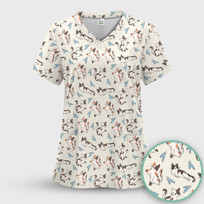 Cute Playful Cats With Fish Pattern Nurse Scrub Top, Comfortable Scrubs for Nurses