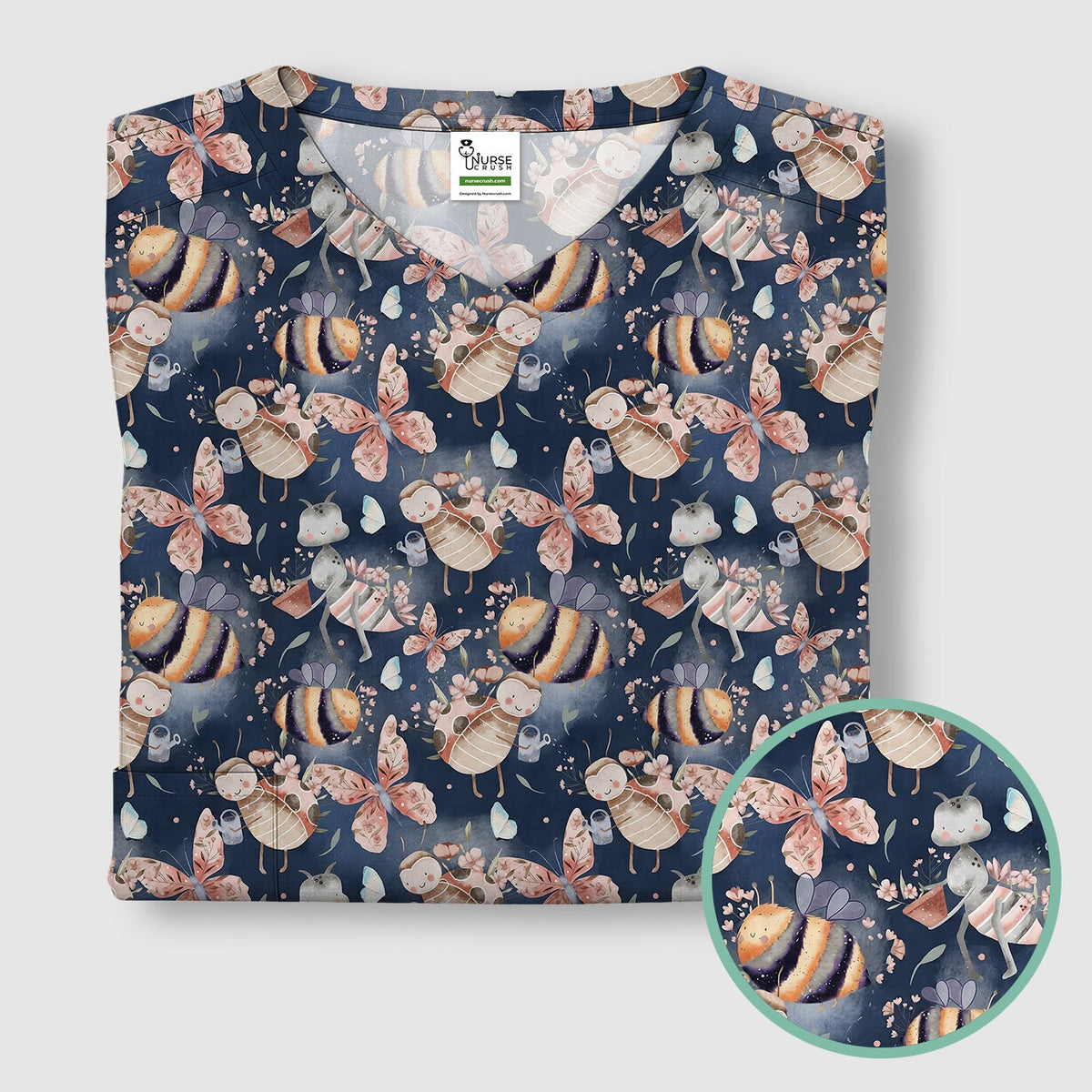 Cute Whimsical Bee Fairy Garden Pattern Scrub Top, Comfortable Scrubs for Nurses