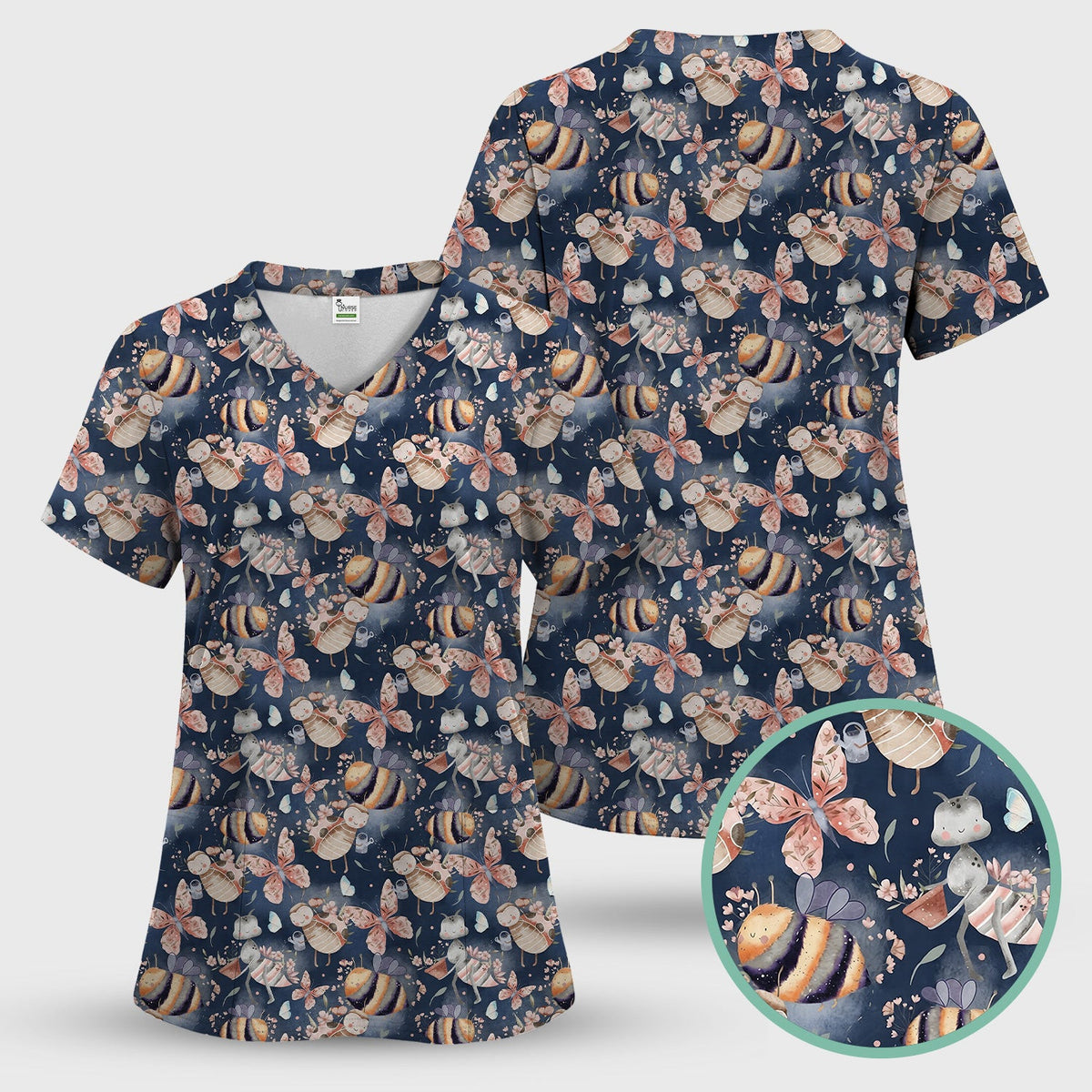 Cute Whimsical Bee Fairy Garden Pattern Scrub Top, Comfortable Scrubs for Nurses