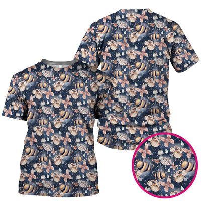 Cute Whimsical Bee Fairy Garden Pattern Scrub Top, Comfortable Scrubs for Nurses