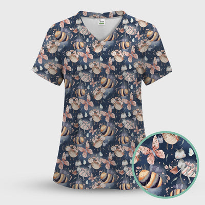 Cute Whimsical Bee Fairy Garden Pattern Scrub Top, Comfortable Scrubs for Nurses