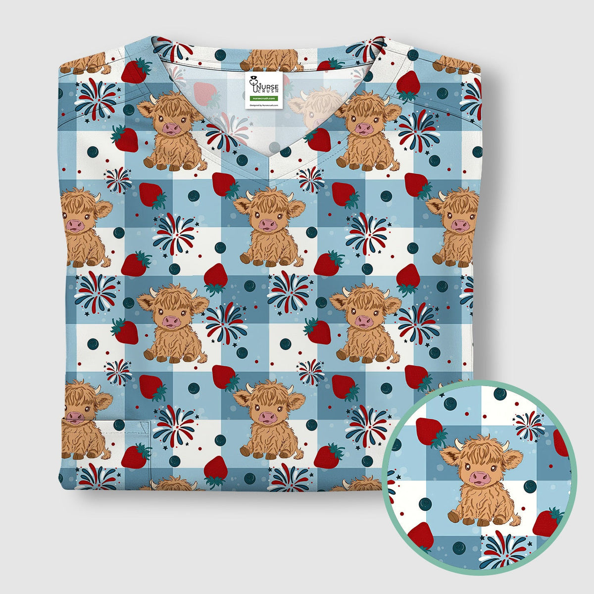 Highland Cow Strawberry Firework Gingham Pattern Scrub Top, Comfortable Scrubs for Nurses