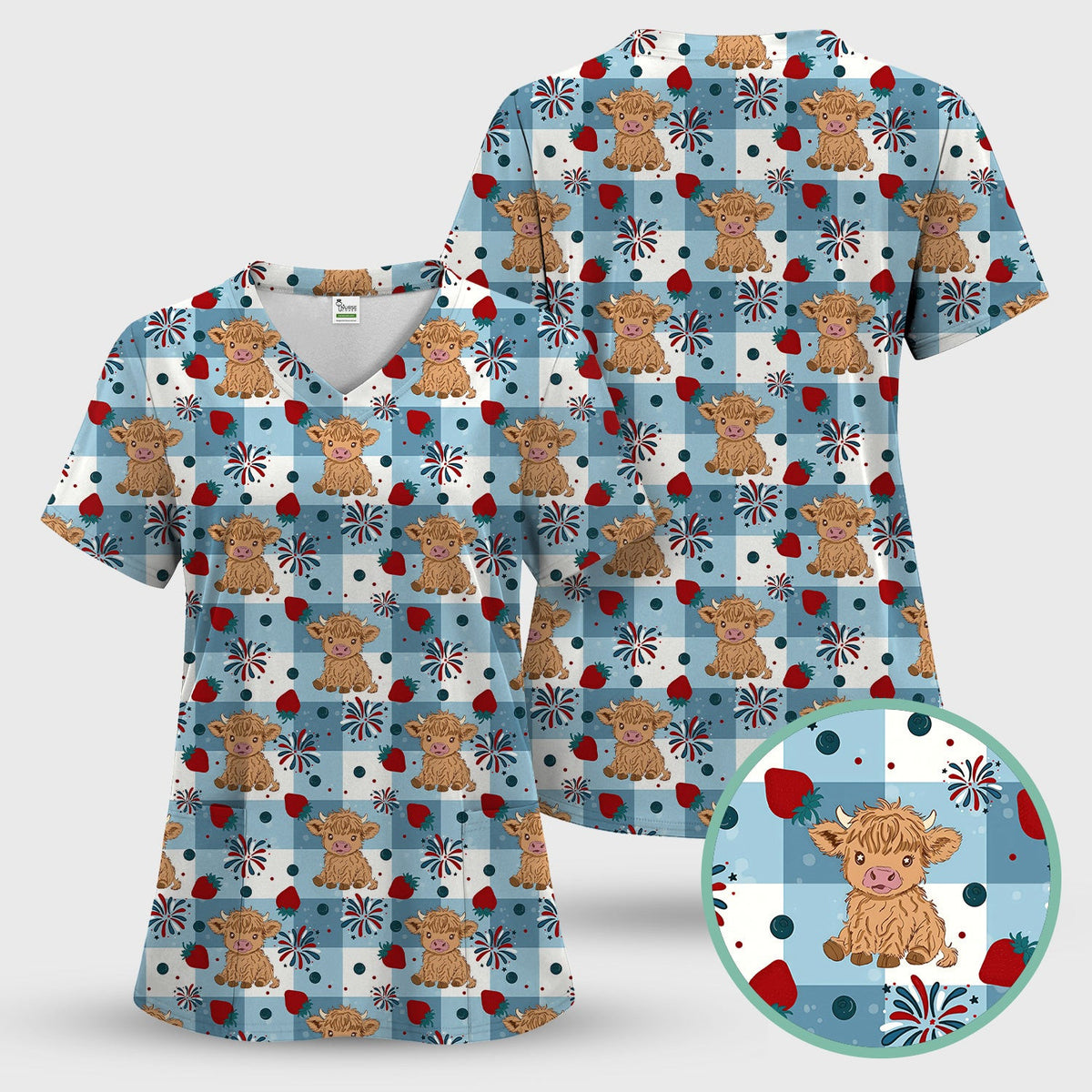 Highland Cow Strawberry Firework Gingham Pattern Scrub Top, Comfortable Scrubs for Nurses