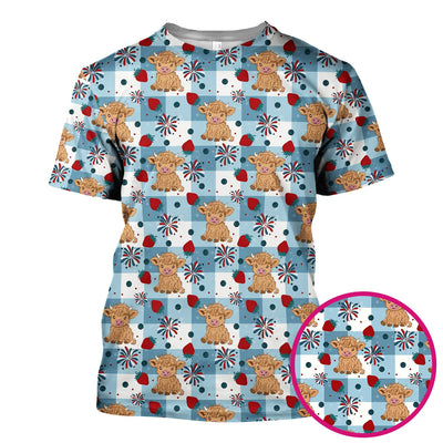 Highland Cow Strawberry Firework Gingham Pattern Scrub Top, Comfortable Scrubs for Nurses