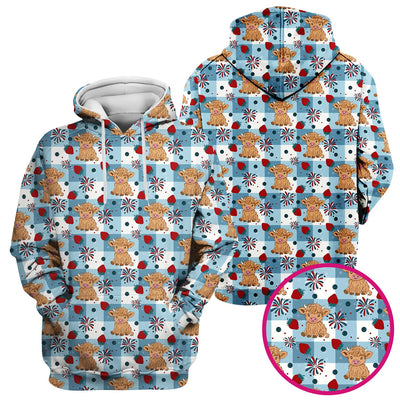 Highland Cow Strawberry Firework Gingham Pattern Scrub Top, Comfortable Scrubs for Nurses