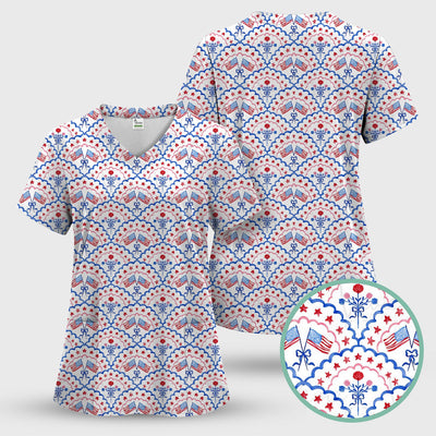 Patriotic Scallop Star Flag Floral Pattern Scrub Top, Comfortable Scrubs for Nurses