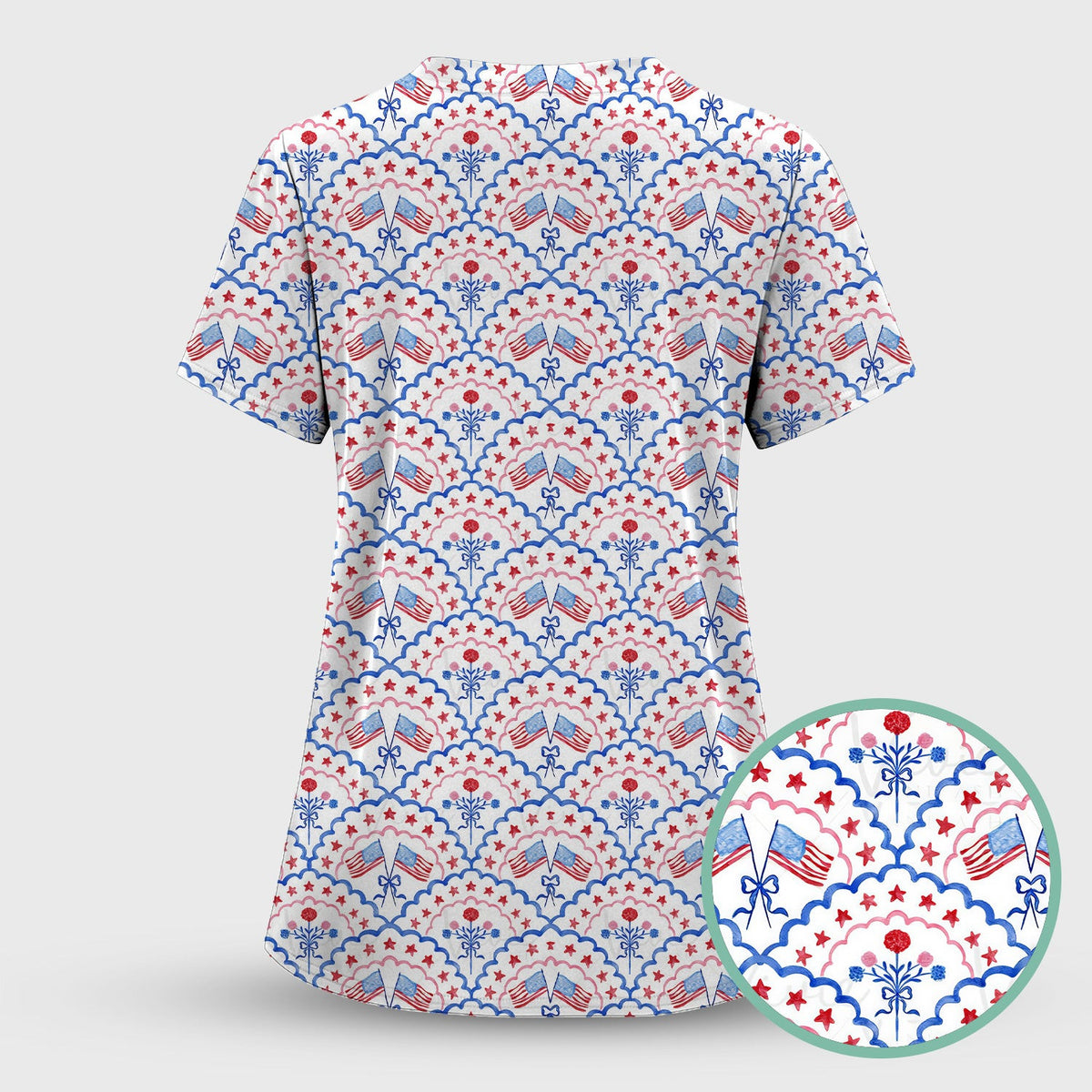 Patriotic Scallop Star Flag Floral Pattern Scrub Top, Comfortable Scrubs for Nurses