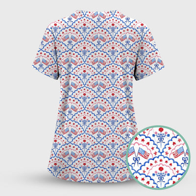 Patriotic Scallop Star Flag Floral Pattern Scrub Top, Comfortable Scrubs for Nurses