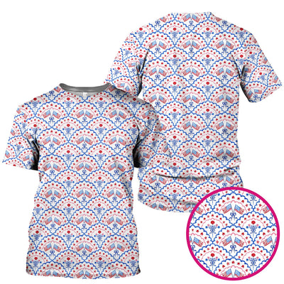Patriotic Scallop Star Flag Floral Pattern Scrub Top, Comfortable Scrubs for Nurses