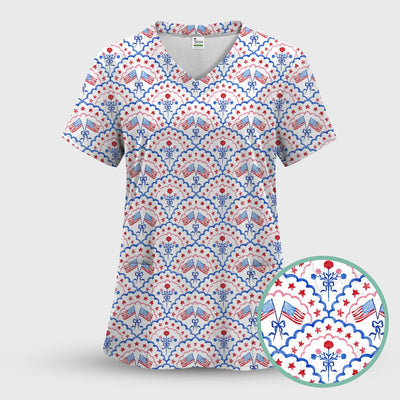 Patriotic Scallop Star Flag Floral Pattern Scrub Top, Comfortable Scrubs for Nurses