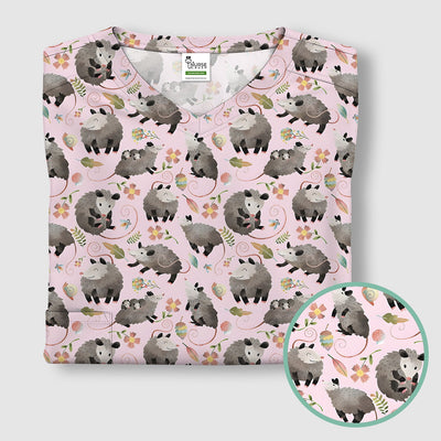 Cute Opossum Playing Flower Garden Pattern Scrub Top, Comfortable Scrubs for Nurses