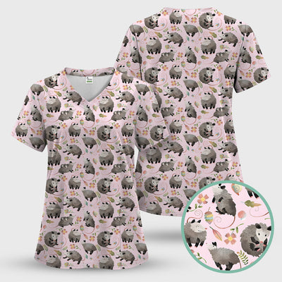 Cute Opossum Playing Flower Garden Pattern Scrub Top, Comfortable Scrubs for Nurses