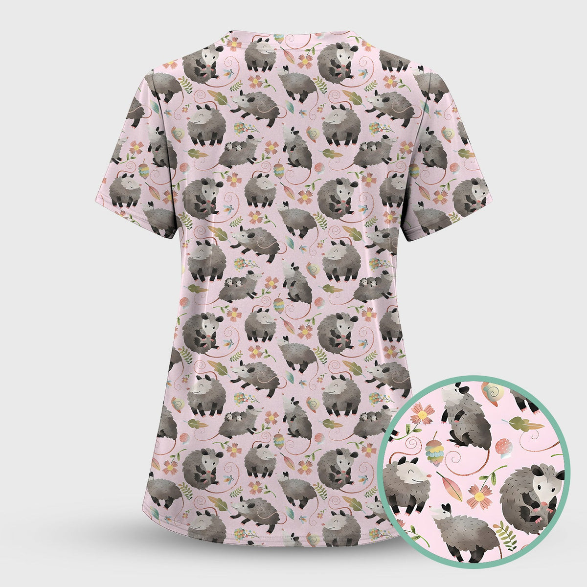 Cute Opossum Playing Flower Garden Pattern Scrub Top, Comfortable Scrubs for Nurses