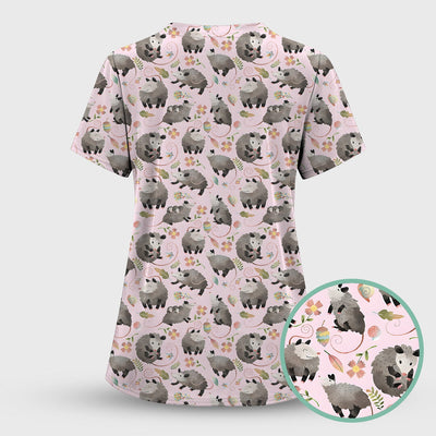 Cute Opossum Playing Flower Garden Pattern Scrub Top, Comfortable Scrubs for Nurses