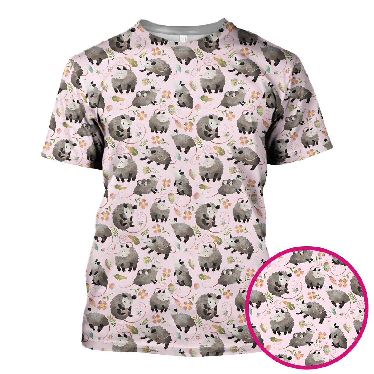 Cute Opossum Playing Flower Garden Pattern Scrub Top, Comfortable Scrubs for Nurses