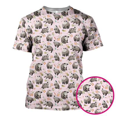 Cute Opossum Playing Flower Garden Pattern Scrub Top, Comfortable Scrubs for Nurses