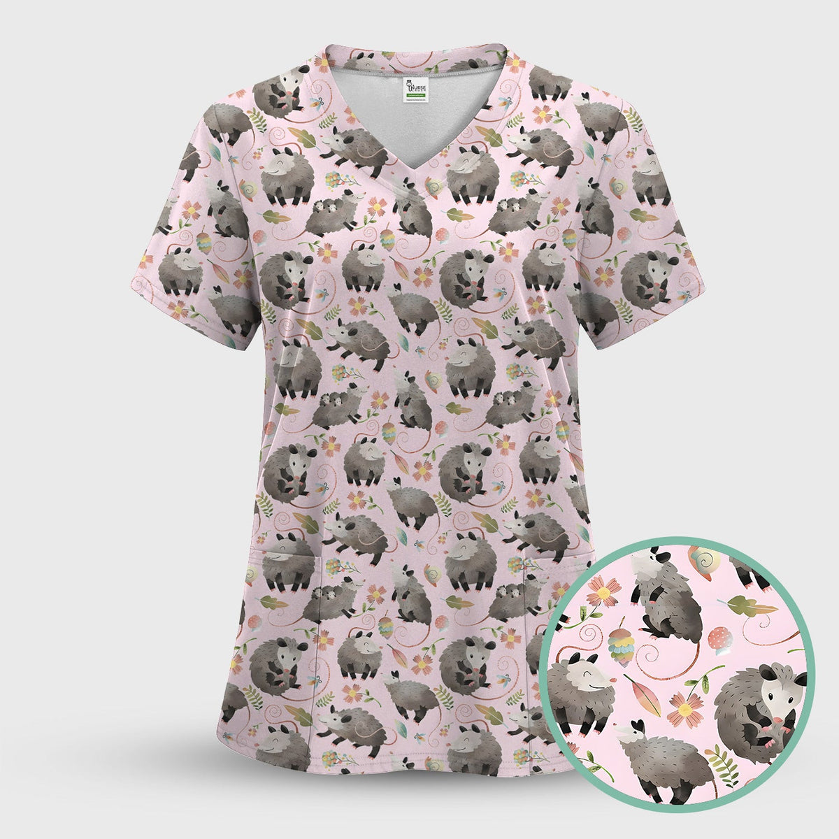 Cute Opossum Playing Flower Garden Pattern Scrub Top, Comfortable Scrubs for Nurses