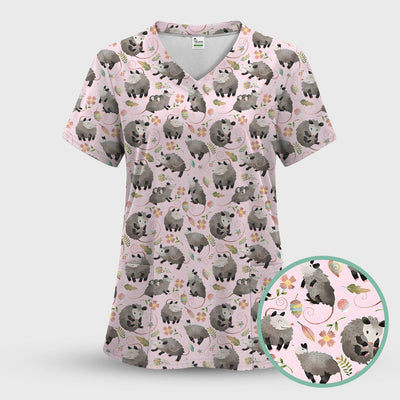 Cute Opossum Playing Flower Garden Pattern Scrub Top, Comfortable Scrubs for Nurses