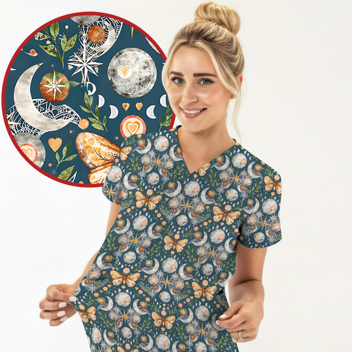 Celestial Butterfly Moonlight Pattern Scrub Top, Comfortable Scrubs for Nurses