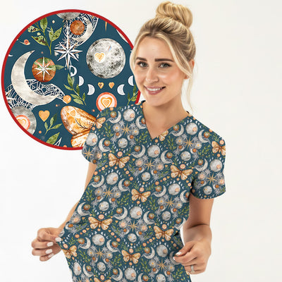 Celestial Butterfly Moonlight Pattern Scrub Top, Comfortable Scrubs for Nurses