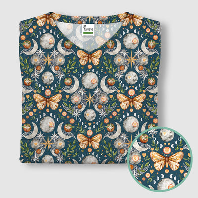 Celestial Butterfly Moonlight Pattern Scrub Top, Comfortable Scrubs for Nurses