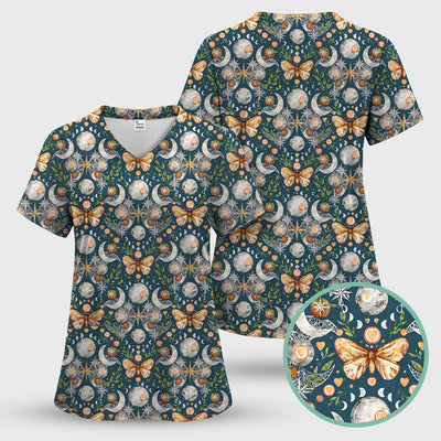 Celestial Butterfly Moonlight Pattern Scrub Top, Comfortable Scrubs for Nurses