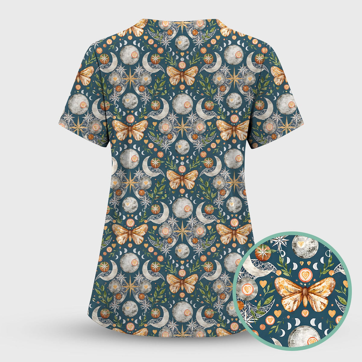 Celestial Butterfly Moonlight Pattern Scrub Top, Comfortable Scrubs for Nurses
