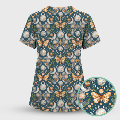 Celestial Butterfly Moonlight Pattern Scrub Top, Comfortable Scrubs for Nurses