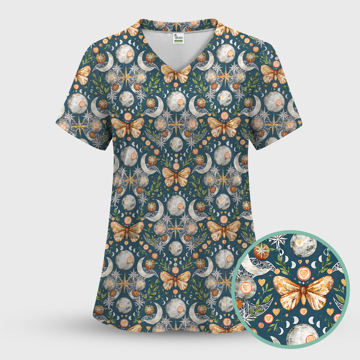 Celestial Butterfly Moonlight Pattern Scrub Top, Comfortable Scrubs for Nurses