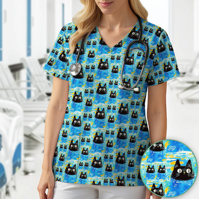 Black Cat Swimming In Blue Water Pattern Scrub Top, Comfortable Scrubs for Nurses