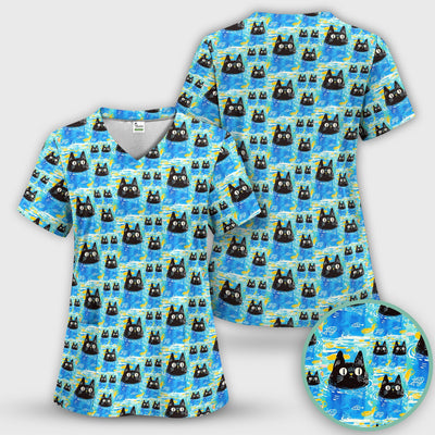 Black Cat Swimming In Blue Water Pattern Scrub Top, Comfortable Scrubs for Nurses