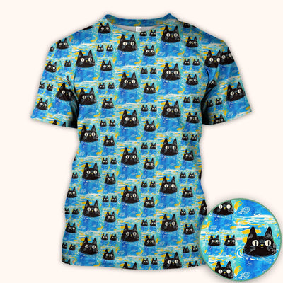 Black Cat Swimming In Blue Water Pattern Scrub Top, Comfortable Scrubs for Nurses