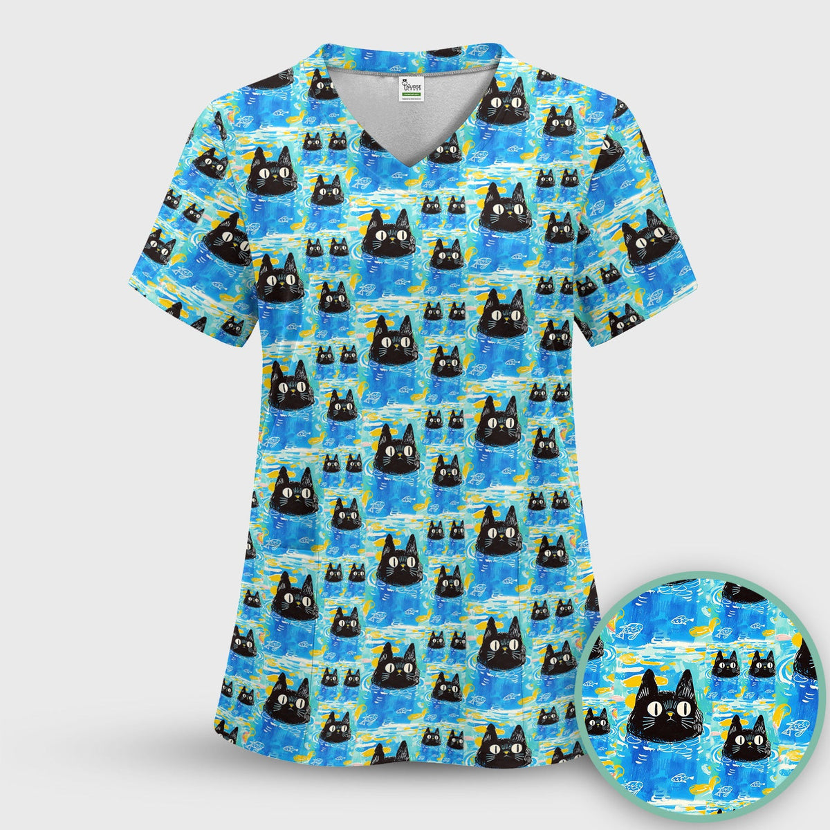 Black Cat Swimming In Blue Water Pattern Scrub Top, Comfortable Scrubs for Nurses