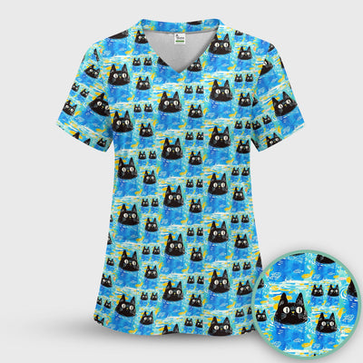 Black Cat Swimming In Blue Water Pattern Scrub Top, Comfortable Scrubs for Nurses