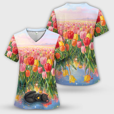 Sleeping Black Cat In Tulip Flower Field Scrub Top, Comfortable Scrubs for Nurses