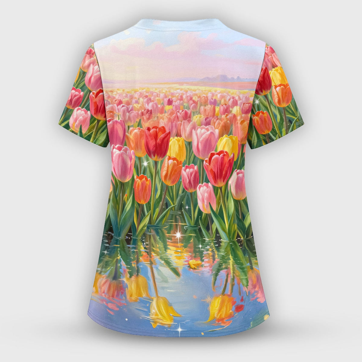 Sleeping Black Cat In Tulip Flower Field Scrub Top, Comfortable Scrubs for Nurses
