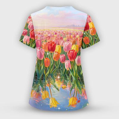 Sleeping Black Cat In Tulip Flower Field Scrub Top, Comfortable Scrubs for Nurses