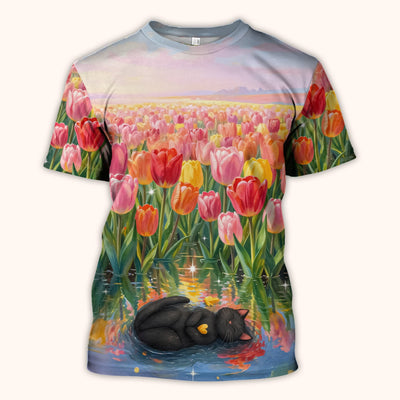 Sleeping Black Cat In Tulip Flower Field Scrub Top, Comfortable Scrubs for Nurses