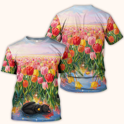 Sleeping Black Cat In Tulip Flower Field Scrub Top, Comfortable Scrubs for Nurses