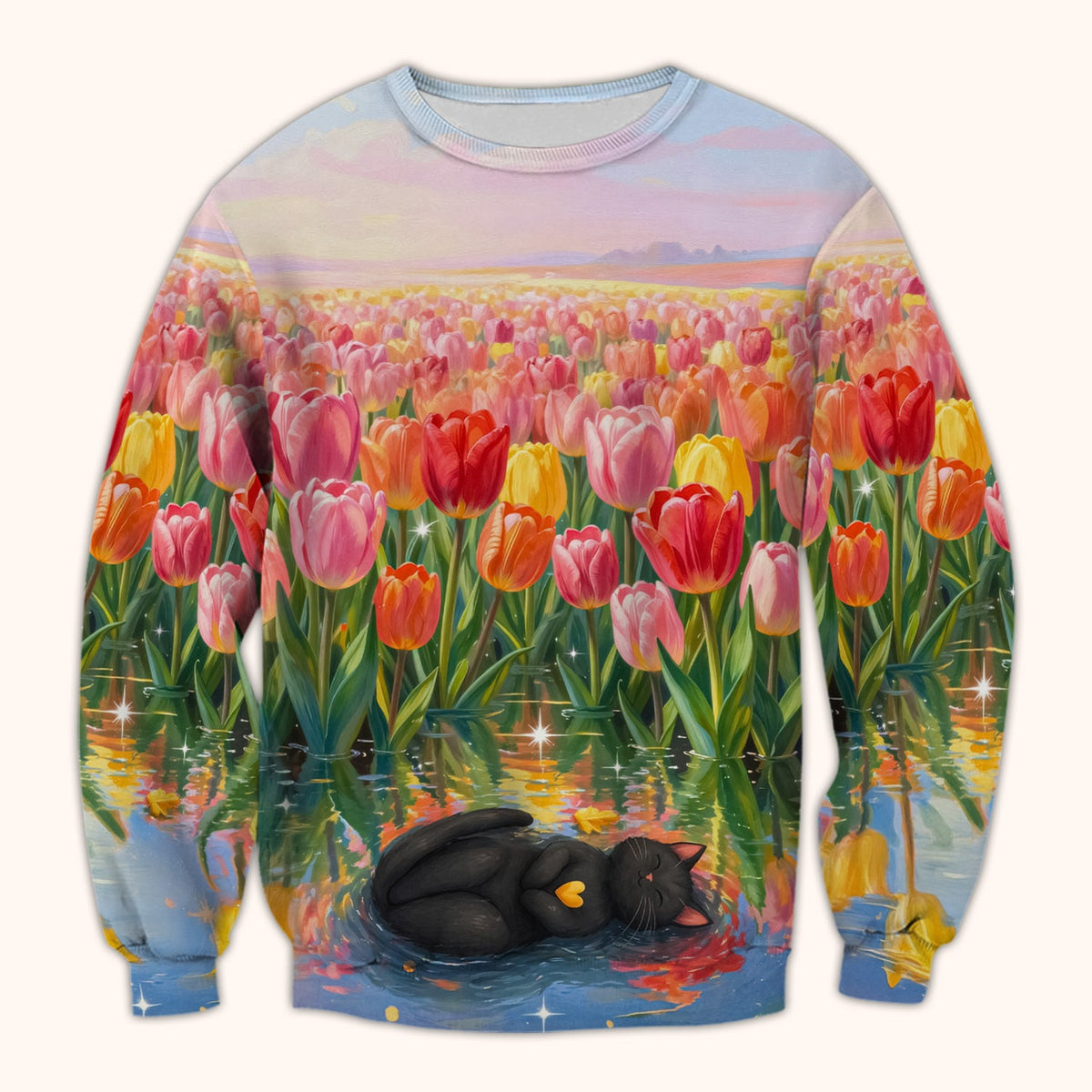 Sleeping Black Cat In Tulip Flower Field Scrub Top, Comfortable Scrubs for Nurses