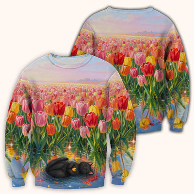 Sleeping Black Cat In Tulip Flower Field Scrub Top, Comfortable Scrubs for Nurses