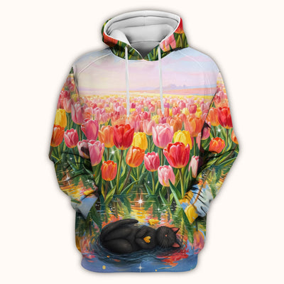 Sleeping Black Cat In Tulip Flower Field Scrub Top, Comfortable Scrubs for Nurses