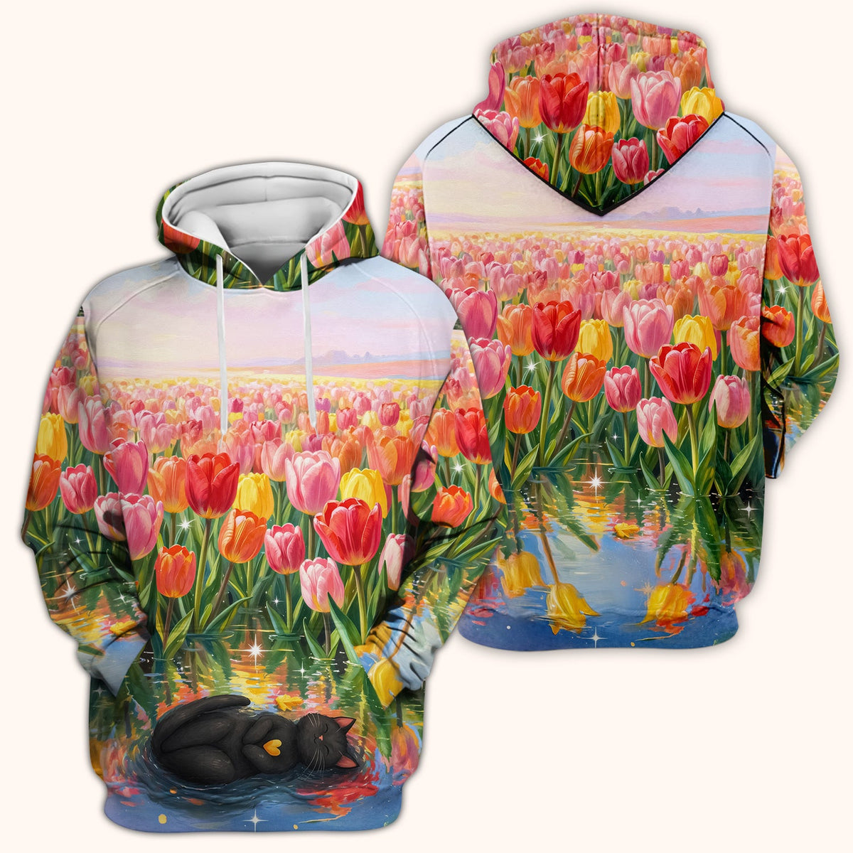 Sleeping Black Cat In Tulip Flower Field Scrub Top, Comfortable Scrubs for Nurses