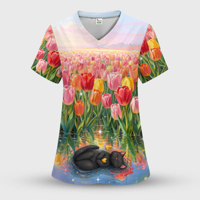 Sleeping Black Cat In Tulip Flower Field Scrub Top, Comfortable Scrubs for Nurses