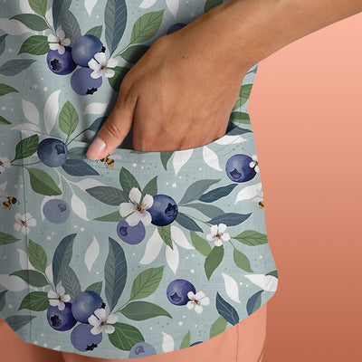 Fresh Blueberry Blossom Garden Pattern Nurse Scrub Top, Breathable Fabrics Nursing Uniform