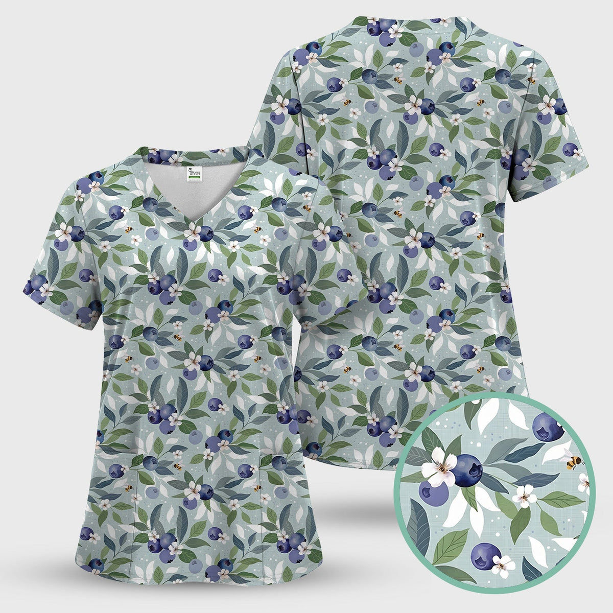 Fresh Blueberry Blossom Garden Pattern Nurse Scrub Top, Breathable Fabrics Nursing Uniform